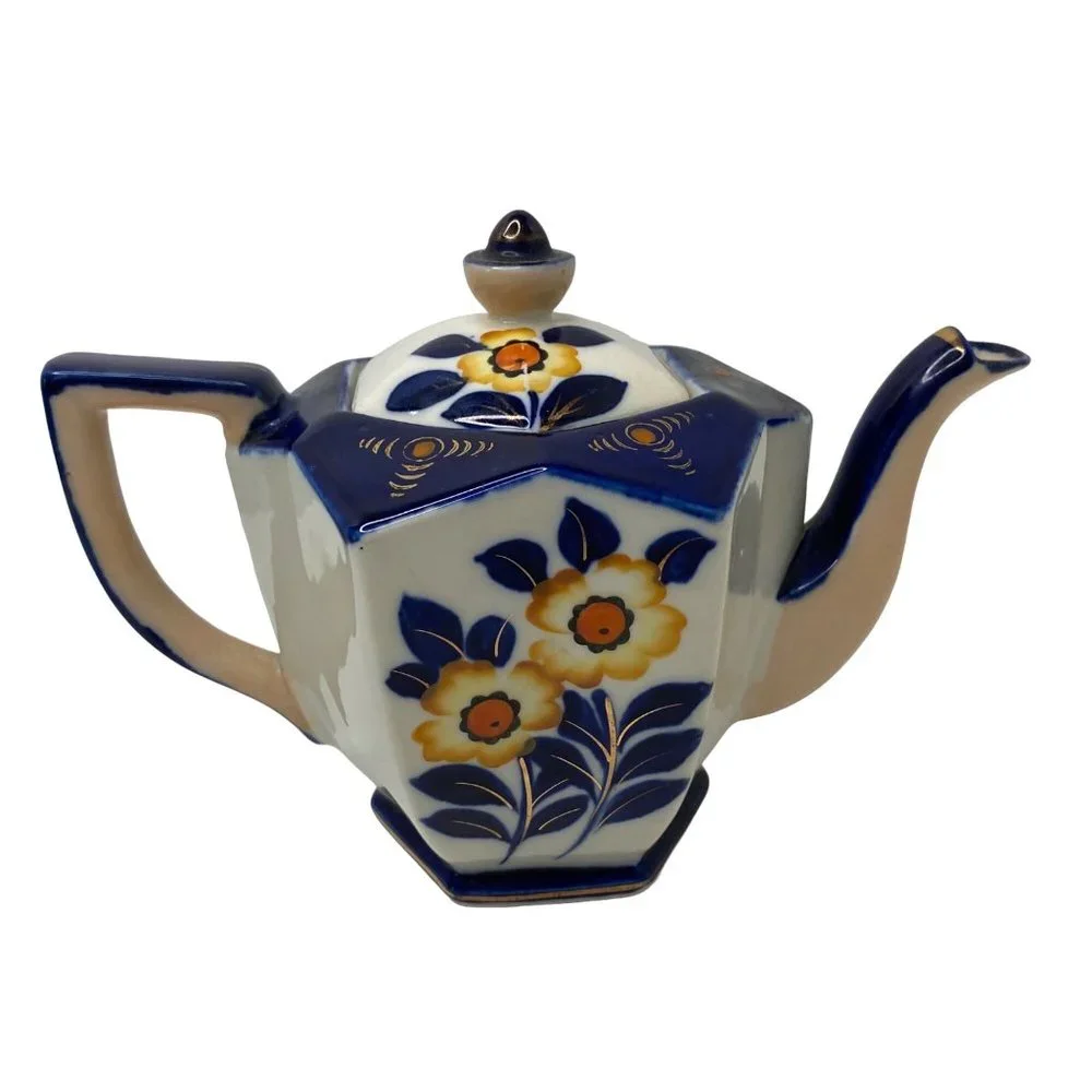 Moriyama ceramic hexagonal teapot with lid cobalt blue floral hand painted Japan